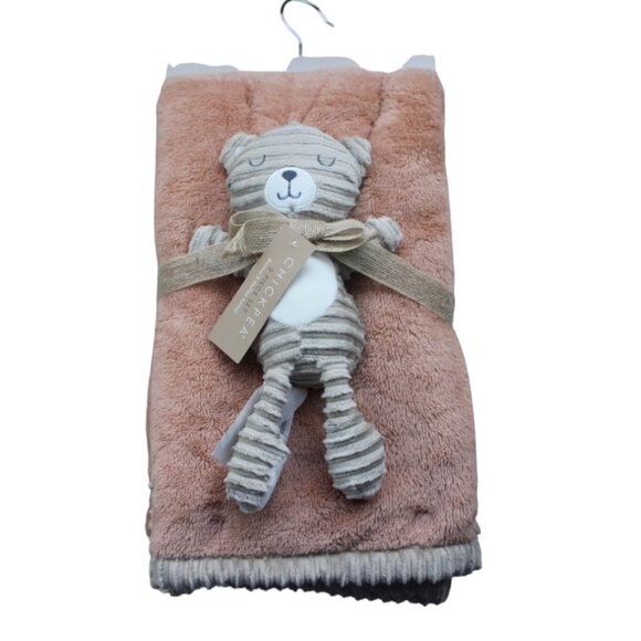 Chick Pea Bear Plush Baby Blanket Set Sherpa Fleece Tan Orange Soft Lovey NWT - Picture 1 of 4
